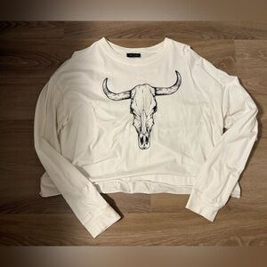 Western White Long Sleeve Shirt with Bull Skull Design